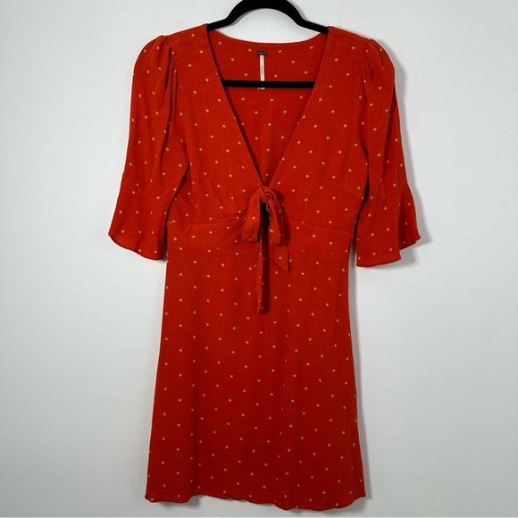 Free People All Yours Orange Polka Dot Tie V Neck Mini Dress Size 2 - Picture 2 of 8